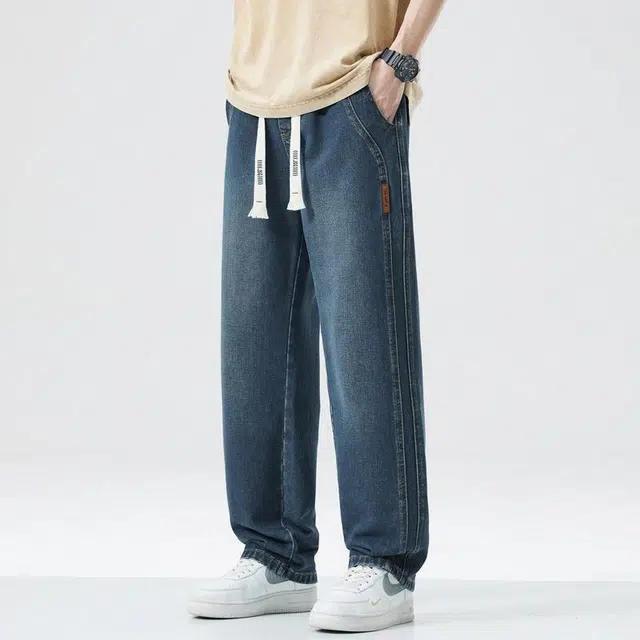 【dme】 美式高街水洗做旧松紧系带时尚百搭宽松垂感直筒休闲舒适阔腿牛仔裤 男女同款