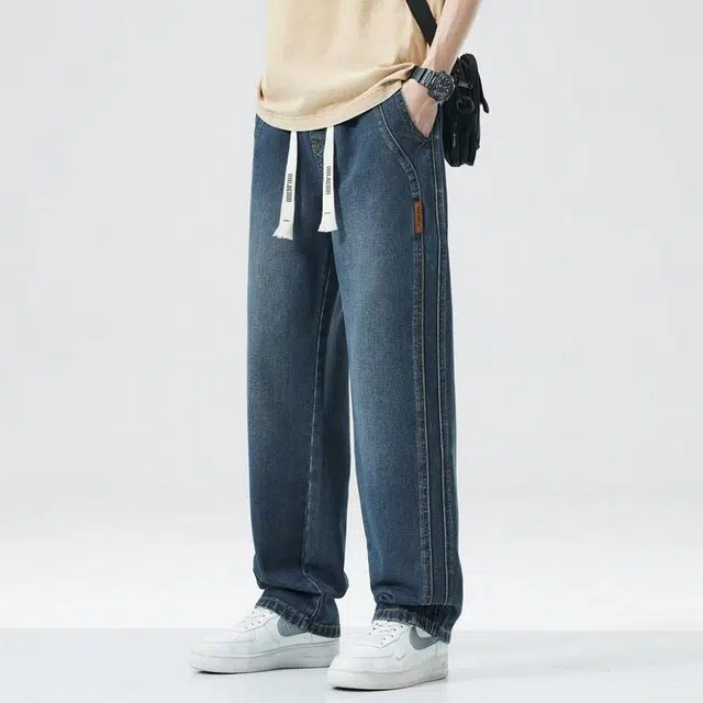 【dme】 美式高街水洗做旧松紧系带时尚百搭宽松垂感直筒休闲舒适阔腿牛仔裤 男女同款