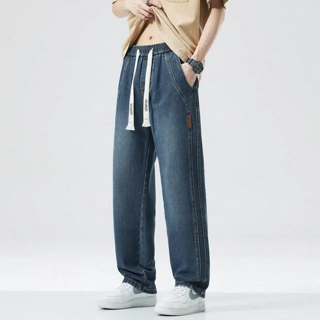 【dme】 美式高街水洗做旧松紧系带时尚百搭宽松垂感直筒休闲舒适阔腿牛仔裤 男女同款