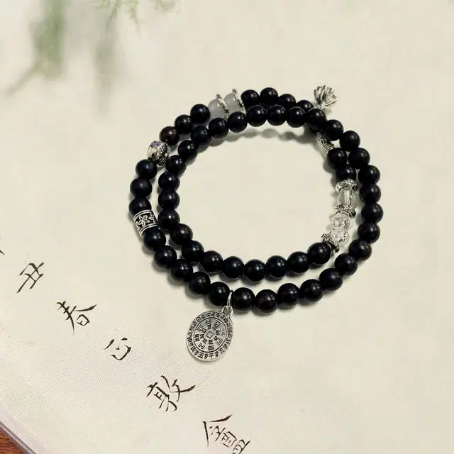 京华录 乙巳流通代请国潮新中式招财纳福转运珠时尚民族风双圈叠戴山鬼花钱吉祥如意八方来财#好运 黑檀 木作手串 男女同款情侣款