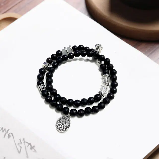 京华录 乙巳流通代请国潮新中式招财纳福转运珠时尚民族风双圈叠戴山鬼花钱吉祥如意八方来财#好运 黑檀 木作手串 男女同款情侣款