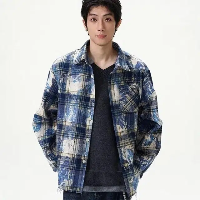 物质公式 美式嘻哈扎染泼墨格子宽松长袖潮流高街舒适百搭透气吸汗通勤内搭翻领休闲外套衬衫 男女同款 蓝色