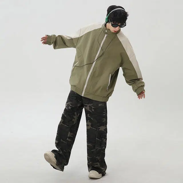袋鼠 美式撞色拼接立领宽松休闲夹克外套 男女同款