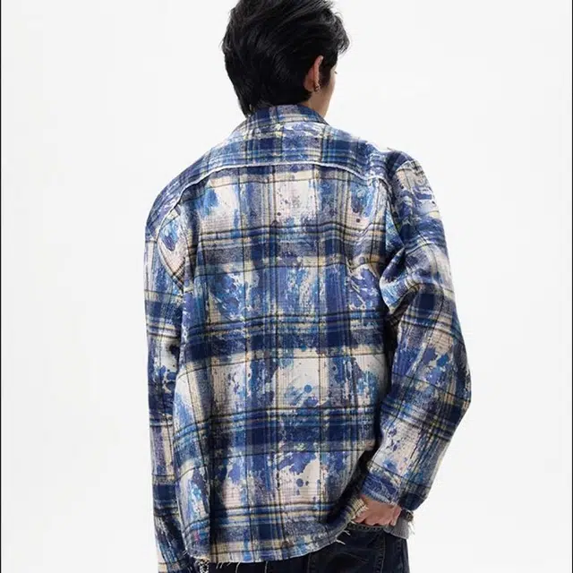 物质公式 美式嘻哈扎染泼墨格子宽松长袖潮流高街舒适百搭透气吸汗通勤内搭翻领休闲外套衬衫 男女同款 蓝色