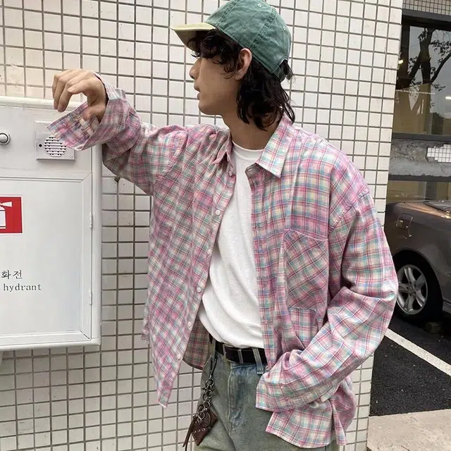 极限涡轮 国潮青春扎染撞色拼接格纹长袖休闲衬衫 男女同款