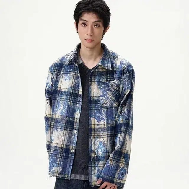 物质公式 美式嘻哈扎染泼墨格子宽松长袖潮流高街舒适百搭透气吸汗通勤内搭翻领休闲外套衬衫 男女同款 蓝色