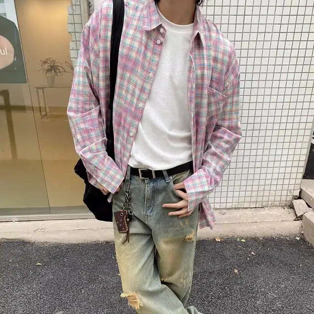 极限涡轮 国潮青春扎染撞色拼接格纹长袖休闲衬衫 男女同款