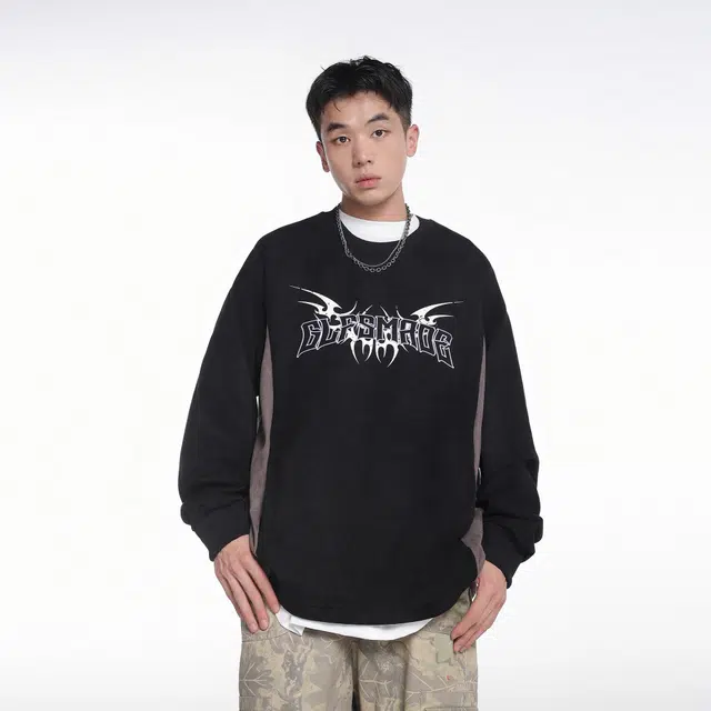 木林森 美式高街复古拼接拼色刺绣字母设计口袋麂皮绒高品质百搭通勤宽松休闲落肩袖圆领卫衣 男女同款