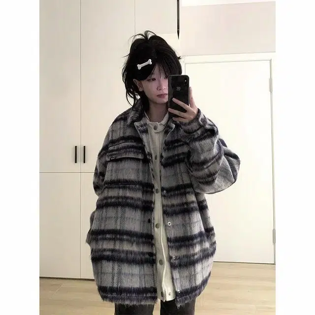 费尔岛上的猫 春秋季美式复古毛呢格子港风宽松百搭休闲外套衬衫 男女同款