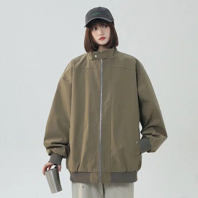 袋鼠 美式基础款字母呢料高级感痞帅复古宽松立领休闲毛呢夹克外套 男女同款