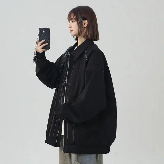 袋鼠 纯色基础户外宽松落肩飞行工装拉链百搭通勤高街工装舒适宽松夹克外套 男女同款