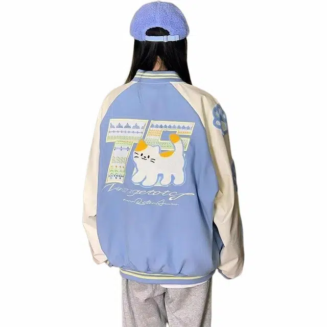 物质公式 动物掌纹小猫民族风美式复古撞色字母宽松纽扣休闲飞行服运动潮流基础款学院风舒适百搭立领落肩袖夹克 男女同款
