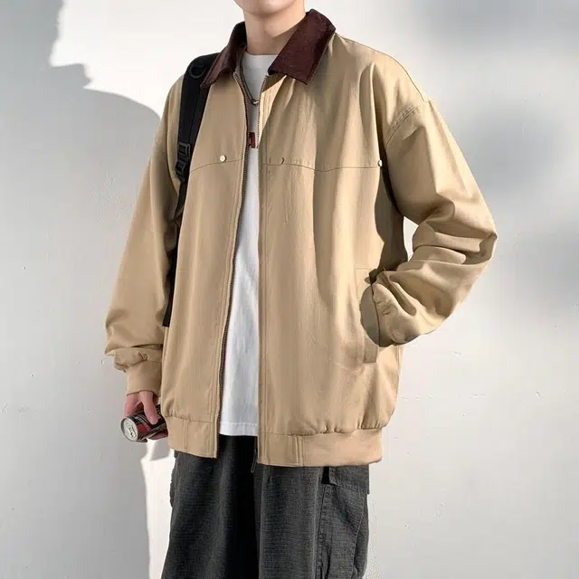 美力城 美式复古基础款拉链拼接撞色翻领工装宽松休闲日常通勤底特律夹克外套 男女同款