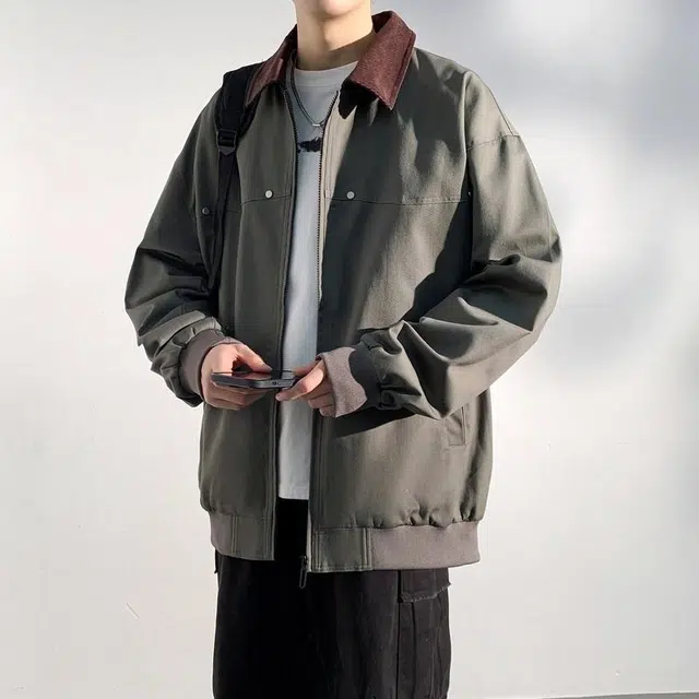 美力城 美式复古基础款拉链拼接撞色翻领工装宽松休闲日常通勤底特律夹克外套 男女同款