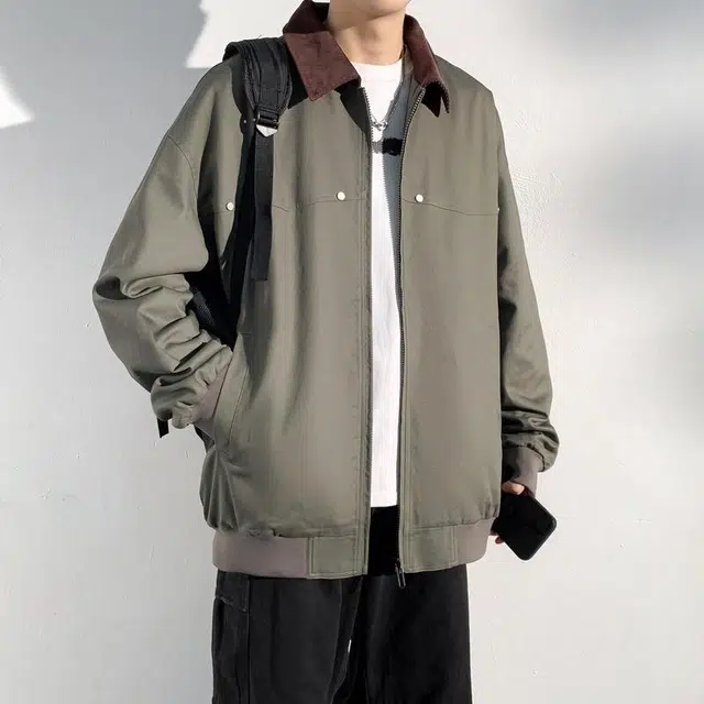 美力城 美式复古基础款拉链拼接撞色翻领工装宽松休闲日常通勤底特律夹克外套 男女同款