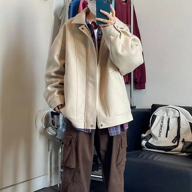 雅鹿 美式复古潮流简约个性拼缝山系户外运动毛呢翻领休闲宽松百搭长袖拉链夹克 男女同款