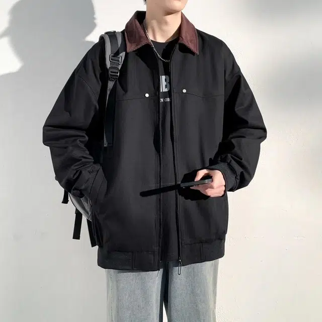 美力城 美式复古基础款拉链拼接撞色翻领工装宽松休闲日常通勤底特律夹克外套 男女同款