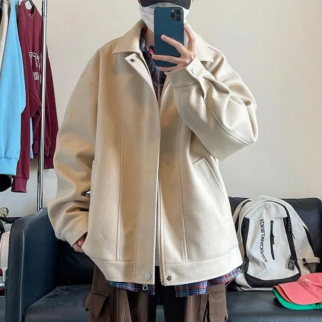 雅鹿 美式复古潮流简约个性拼缝山系户外运动毛呢翻领休闲宽松百搭长袖拉链夹克 男女同款