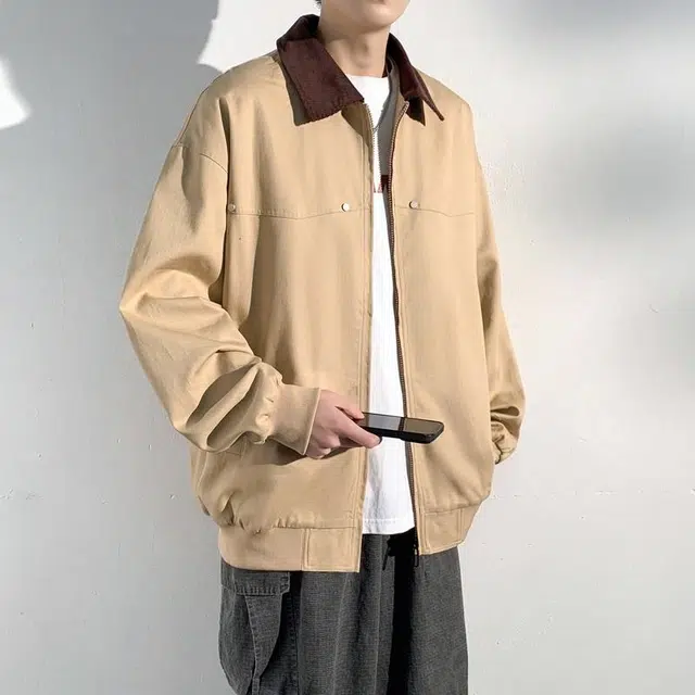 美力城 美式复古基础款拉链拼接撞色翻领工装宽松休闲日常通勤底特律夹克外套 男女同款