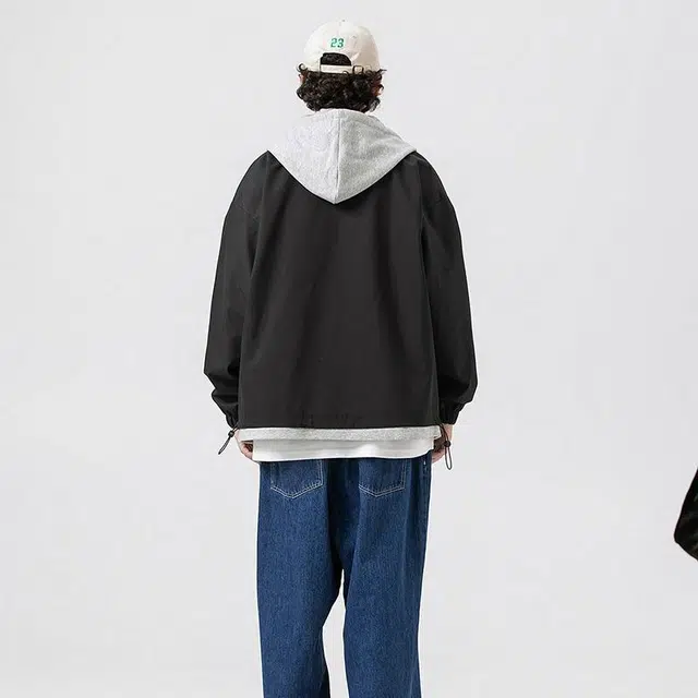 雅鹿 假两件美式复古基础款宽松百搭防水防水通勤学院风休闲连帽教练飞行夹克外套 男女同款