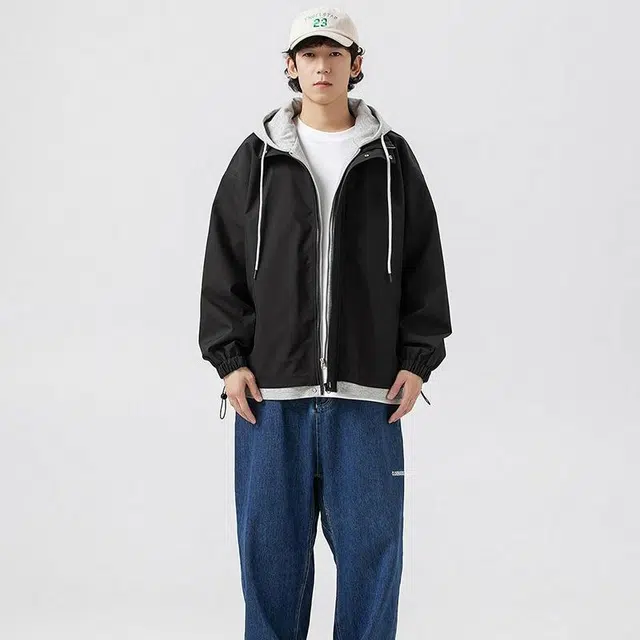 雅鹿 假两件美式复古基础款宽松百搭防水防水通勤学院风休闲连帽教练飞行夹克外套 男女同款