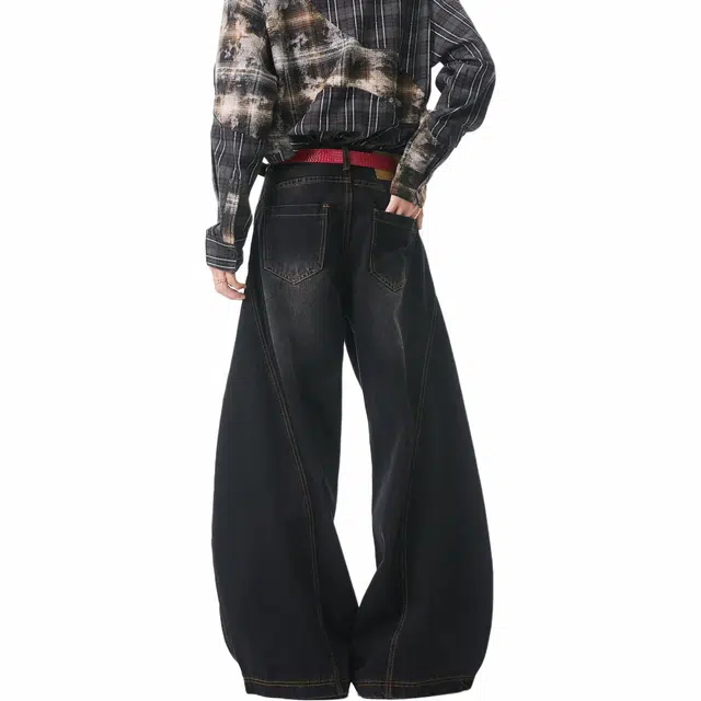 佐菲利 美式高街复古水洗宽松阔腿做旧牛仔裤 男女同款