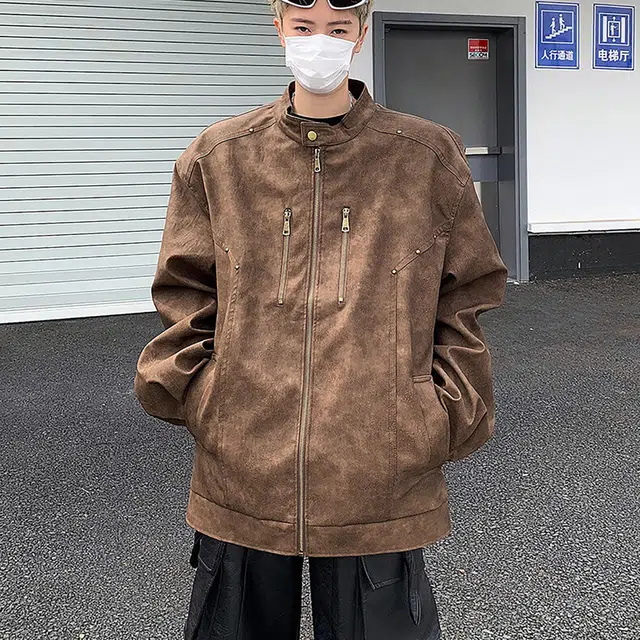 袋鼠 美式高级感机车炸街垫肩皮衣柳丁款痞帅时尚休闲百搭宽松防水轻奢高级感休闲夹克 男女同款