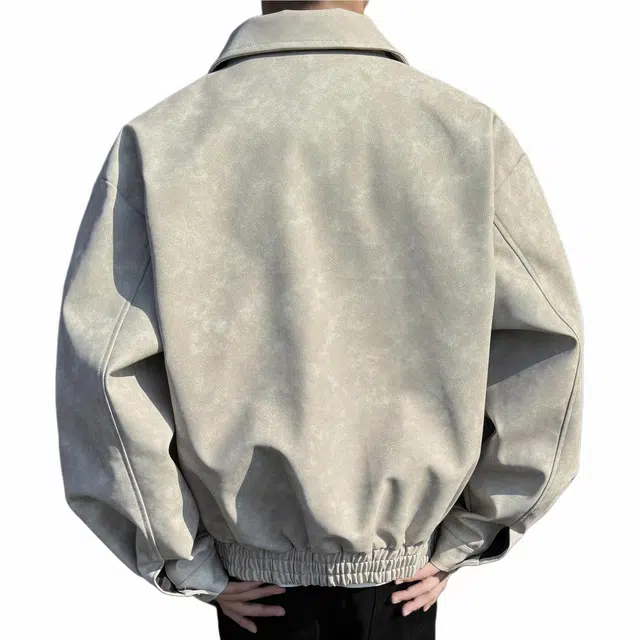 雅鹿 美式复古纯色百搭宽松休闲运动拉链做旧翻领落肩长袖夹克外套 男女同款