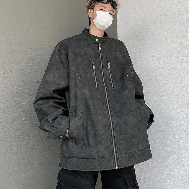 袋鼠 美式高级感机车炸街垫肩皮衣柳丁款痞帅时尚休闲百搭宽松防水轻奢高级感休闲夹克 男女同款