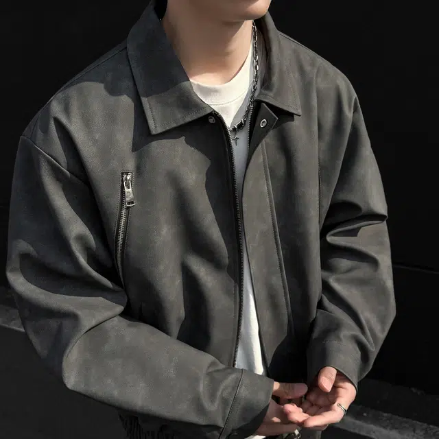 雅鹿 美式复古纯色百搭宽松休闲运动拉链做旧翻领落肩长袖夹克外套 男女同款
