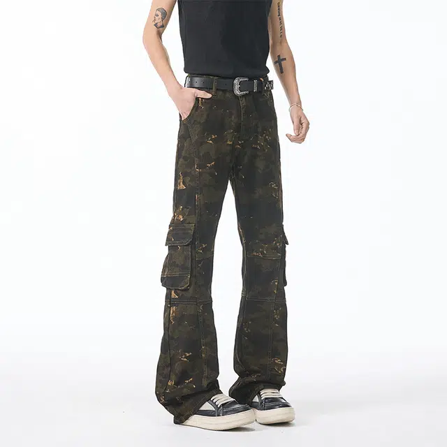 佐菲利 工装美式高街微喇弯刀牛仔裤 男女同款 迷彩