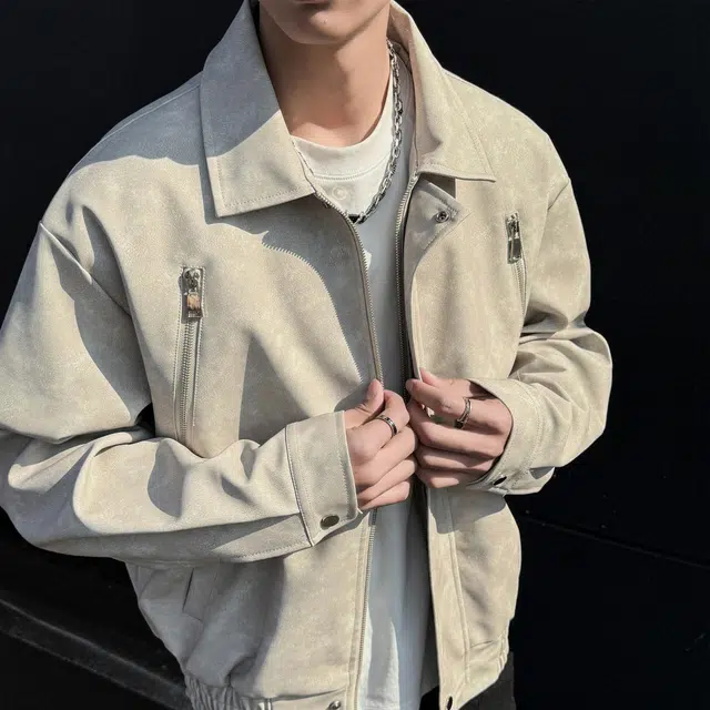 雅鹿 美式复古纯色百搭宽松休闲运动拉链做旧翻领落肩长袖夹克外套 男女同款