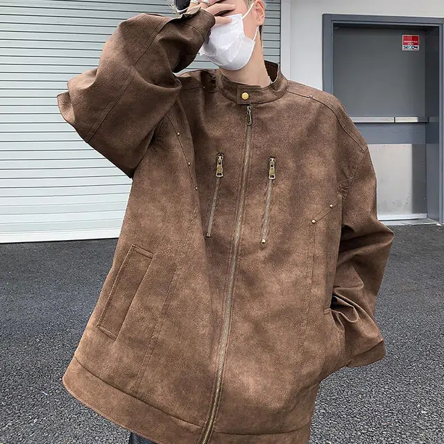 袋鼠 美式高级感机车炸街垫肩皮衣柳丁款痞帅时尚休闲百搭宽松防水轻奢高级感休闲夹克 男女同款