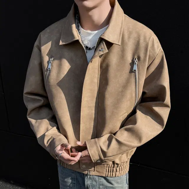 雅鹿 美式复古纯色百搭宽松休闲运动拉链做旧翻领落肩长袖夹克外套 男女同款