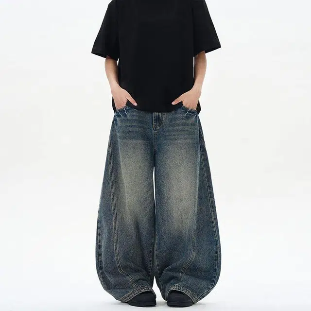 人本 美式闪电龟裂纹水洗宽松直筒潮牌弯刀裤子牛仔裤 男女同款 复古蓝