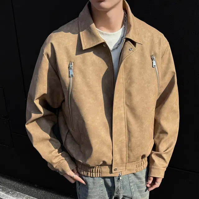 雅鹿 美式复古纯色百搭宽松休闲运动拉链做旧翻领落肩长袖夹克外套 男女同款