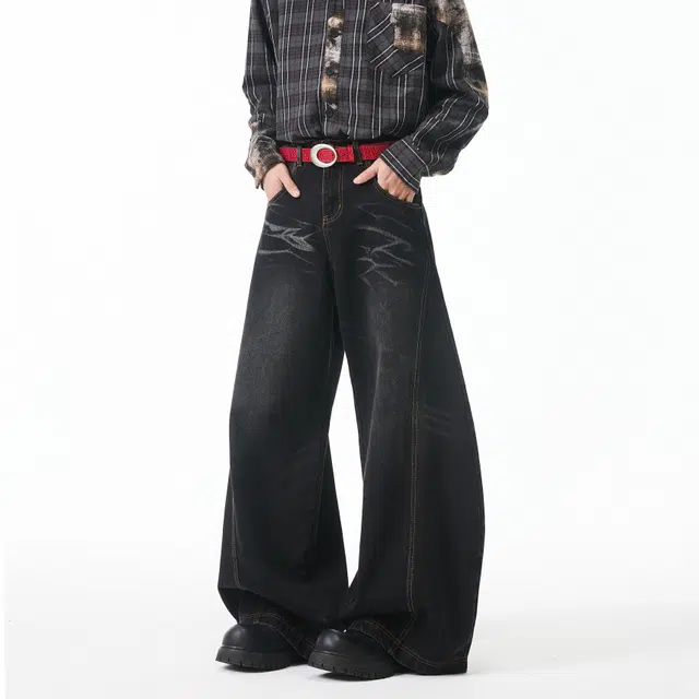 佐菲利 美式高街复古水洗宽松阔腿做旧牛仔裤 男女同款