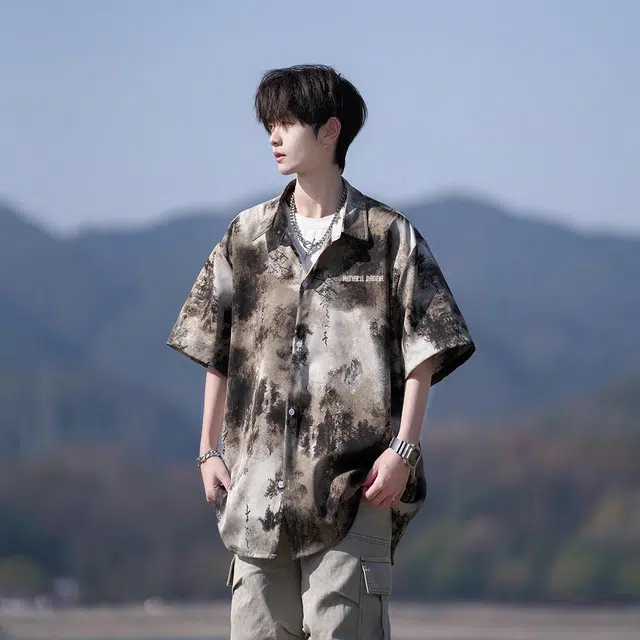 功夫熊猫 复古宽松休闲时尚百搭潮流短袖衬衫 男女同款