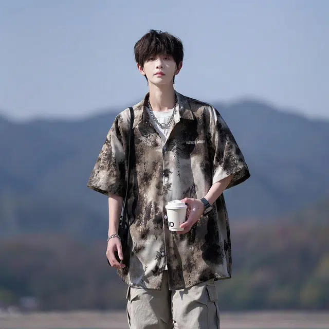 功夫熊猫 复古宽松休闲时尚百搭潮流短袖衬衫 男女同款