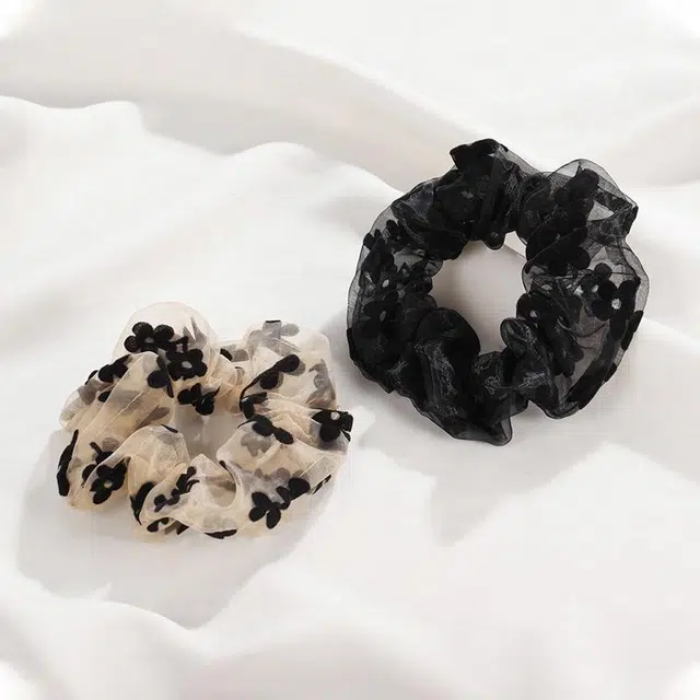 沂茹 文艺小清新甜美优雅气质黑杏色花朵扎发肠圈小香风学院风日常百搭减龄 雪纺 发圈 女款