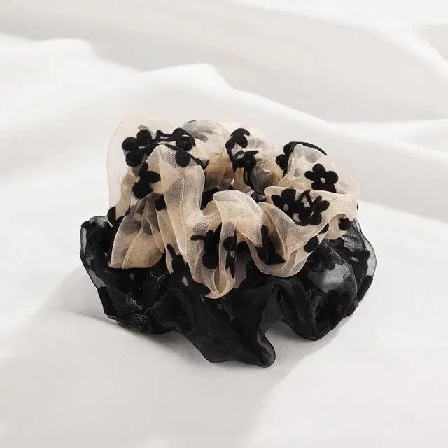 沂茹 文艺小清新甜美优雅气质黑杏色花朵扎发肠圈小香风学院风日常百搭减龄 雪纺 发圈 女款