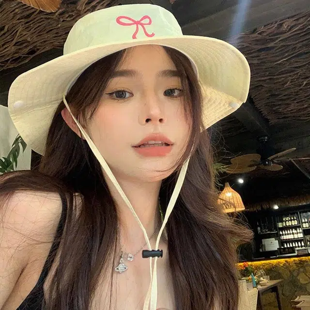啄木鸟 韩系甜美可爱蝴蝶结刺绣显脸小遮阳帽子女春夏季防紫外线户外时尚徒步露营登山帽轻薄速干防泼水渔夫帽 聚酯纤维 防晒帽 女款