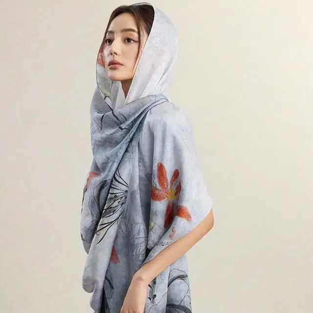 上海故事 韵染荷香提花绫真丝丝巾长巾礼盒装 披肩 女款
