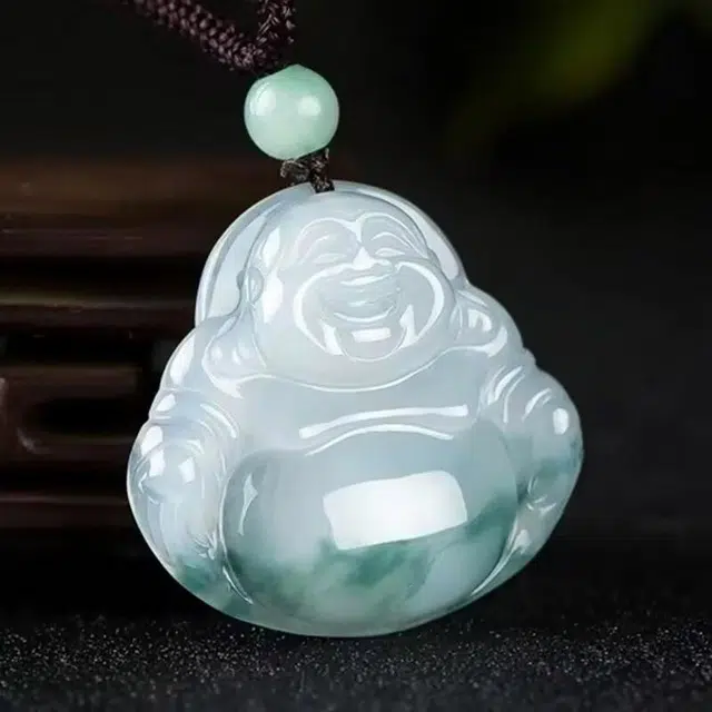 静汝玉 国潮#好运飘花弥勒佛公 糯种 翡翠项链 男女同款情侣款
