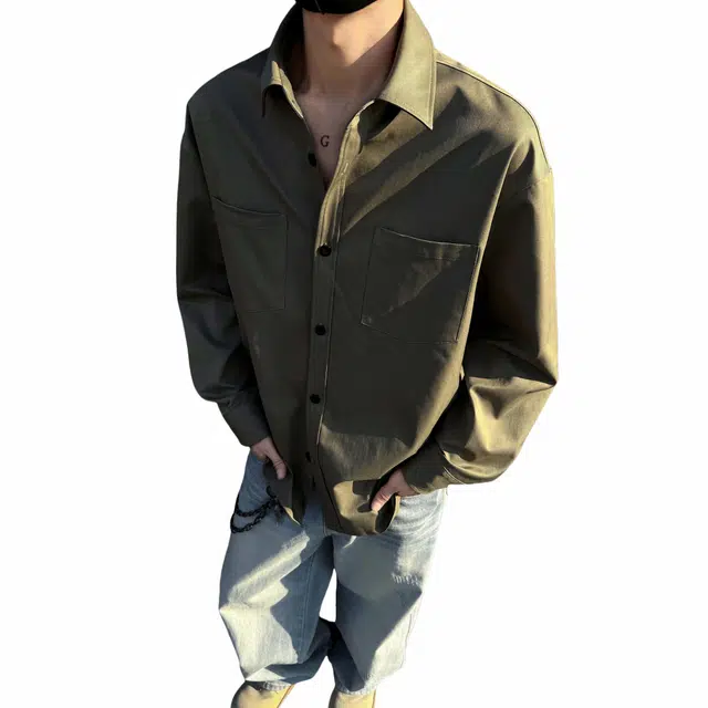 物质公式 美式复古高街重磅纯色学院风衬衣时尚长袖舒适透气大码百搭潮牌宽松休闲翻领纽扣衬衫 男女同款