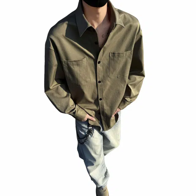 物质公式 美式复古高街重磅纯色学院风衬衣时尚长袖舒适透气大码百搭潮牌宽松休闲翻领纽扣衬衫 男女同款