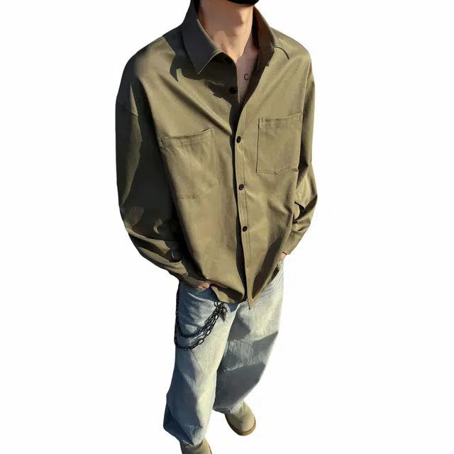 物质公式 美式复古高街重磅纯色学院风衬衣时尚长袖舒适透气大码百搭潮牌宽松休闲翻领纽扣衬衫 男女同款