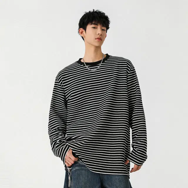 徐太浪 日式休闲百搭条纹宽松圆领套头卫衣 男女同款