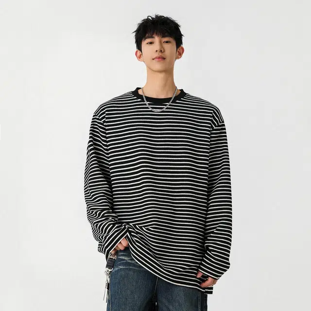 徐太浪 日式休闲百搭条纹宽松圆领套头卫衣 男女同款