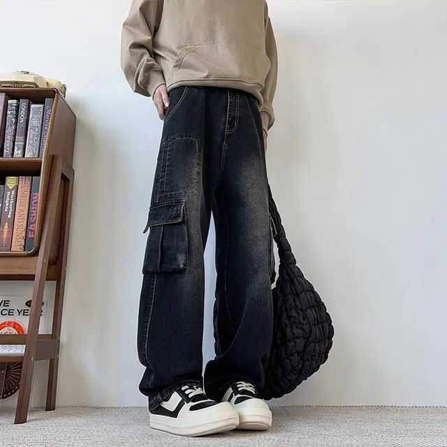 绘承 美式复古潮牌宽松直筒休闲水洗做旧多口袋基础经典百搭工装牛仔裤 男女同款